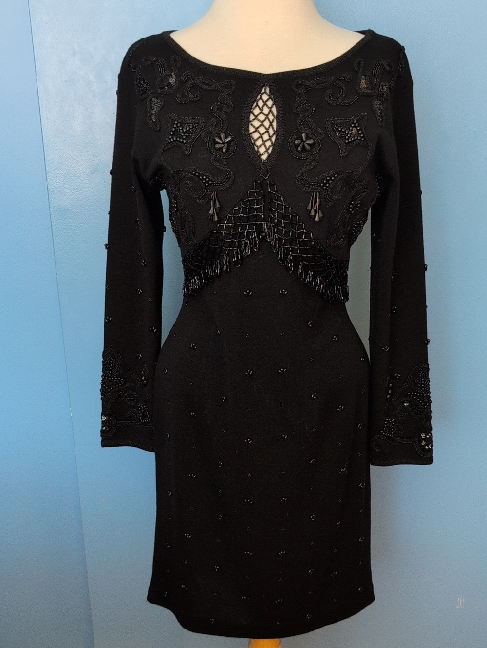 Vintage Carole Little Black Wool Blend Beaded Keyhole Knit Cocktail Dress PS